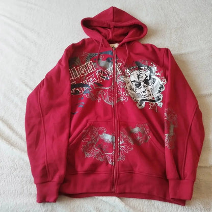 Dark Skull Print Zip Up Hoodie