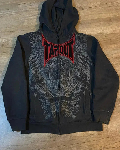 Dark Vintage Letter Zip Hoodie