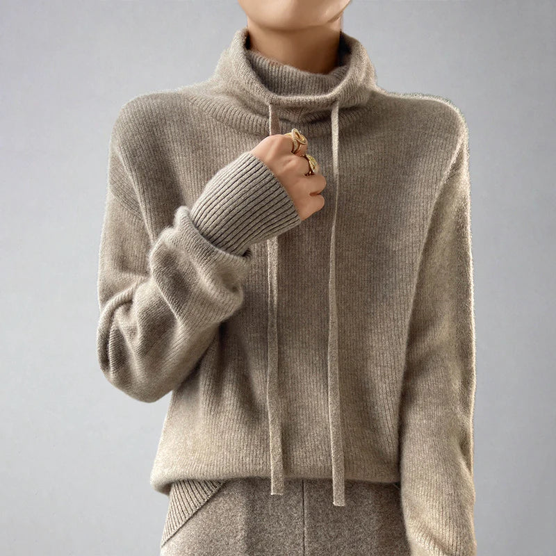 Suéter de cuello alto de cachemira con cordón para mujer | Ideal para otoño/invierno
