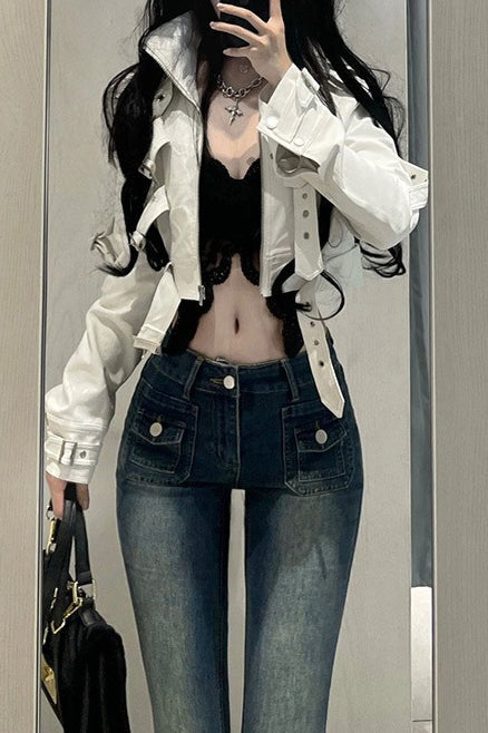 Cyber Punk Cropped Leather Moto Coat