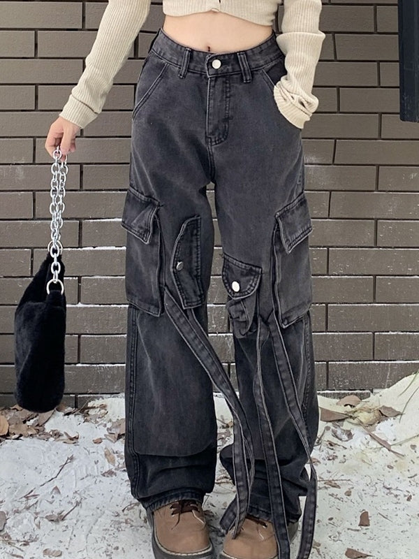 Vintage Wash High Rise Multi Pocket Cargo Jeans