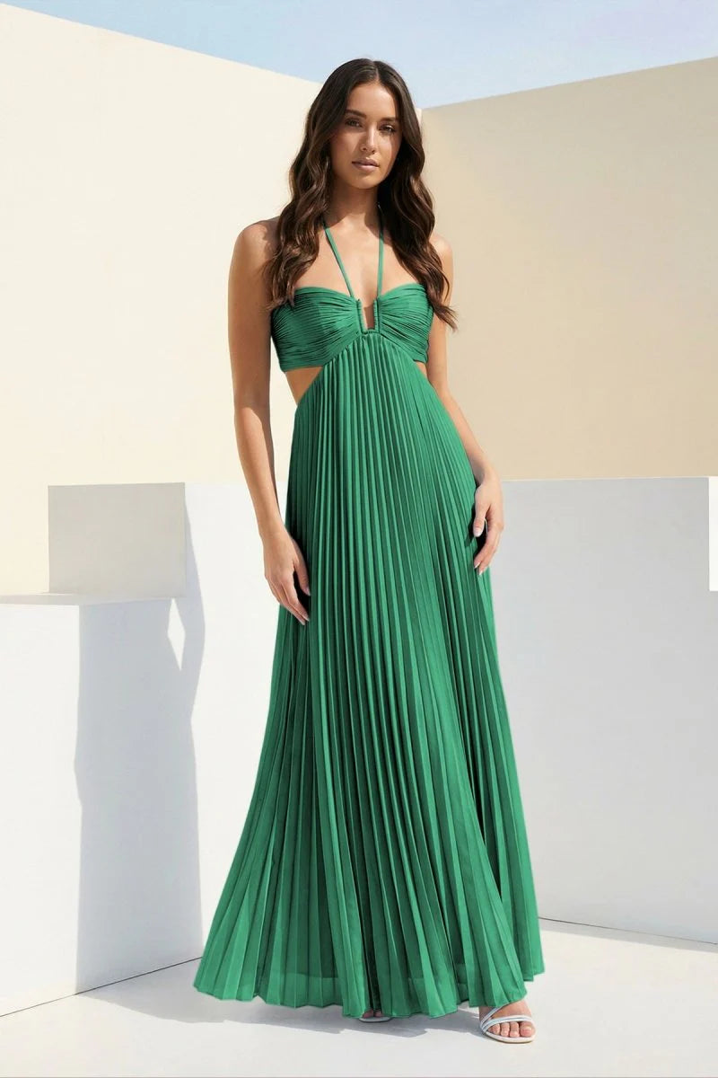 Sky Blue Halter Pleated Satin A Line Prom Dresses With Cutout