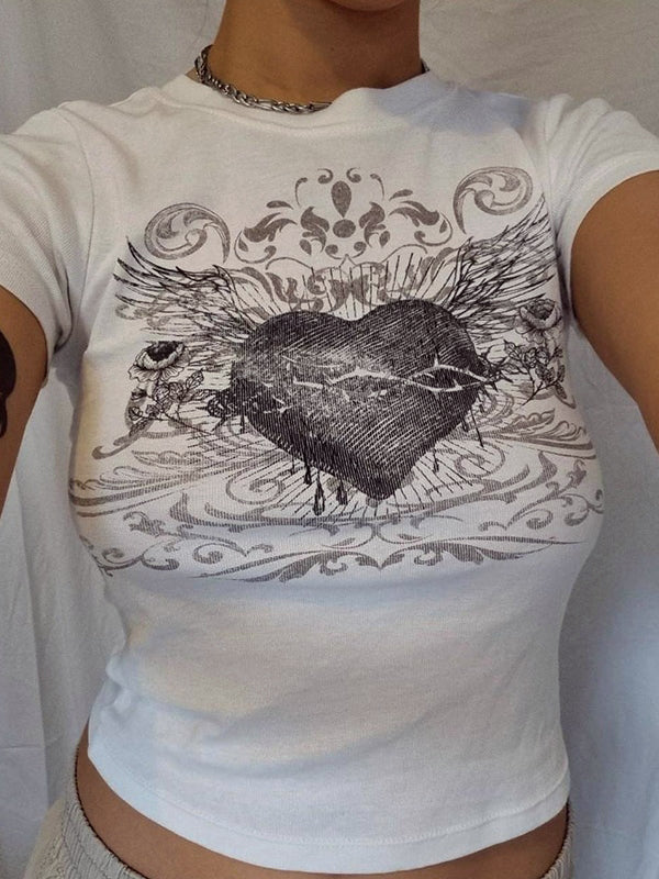 Vintage Heart Print Short Sleeves Tee