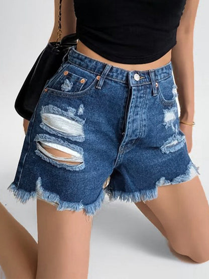High Waist Ripped Burr Denim Shorts