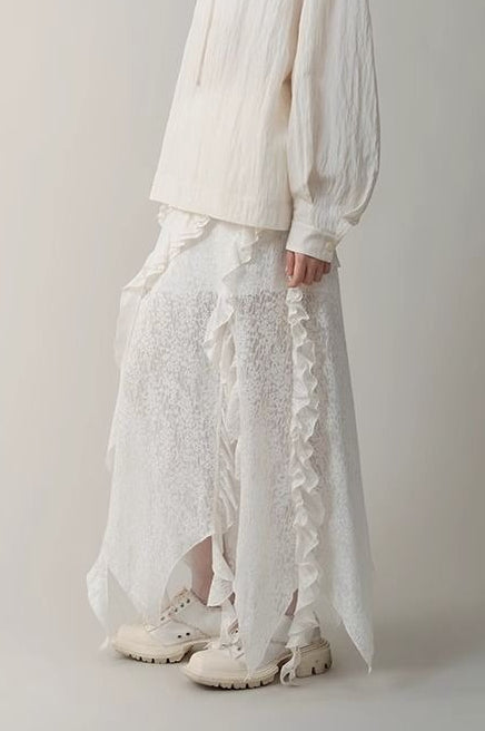 Asymmetric Wool Blend Black White Maxi Skirt