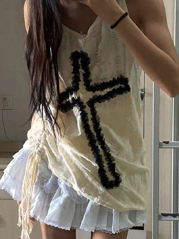 Tattered Cross Embellished Loose Cami Top
