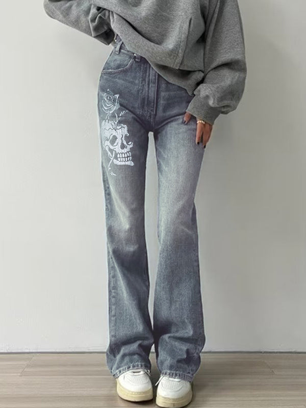 Skull Print Flare Jeans