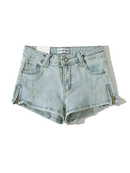Low Waist Zipper Slit Denim Shorts