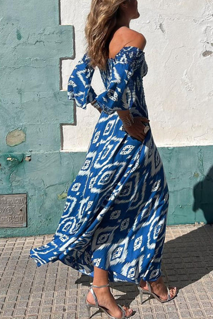 Street vacation style ethnic print off shoulder pocket long skirt