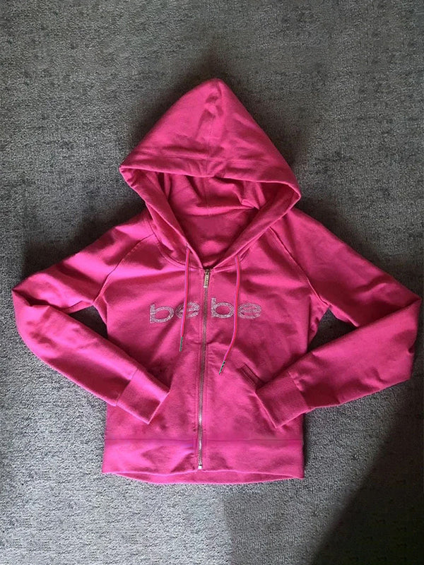 Barbie Pink Letter Rhinestone Print Zip Up Oversized Hoodie
