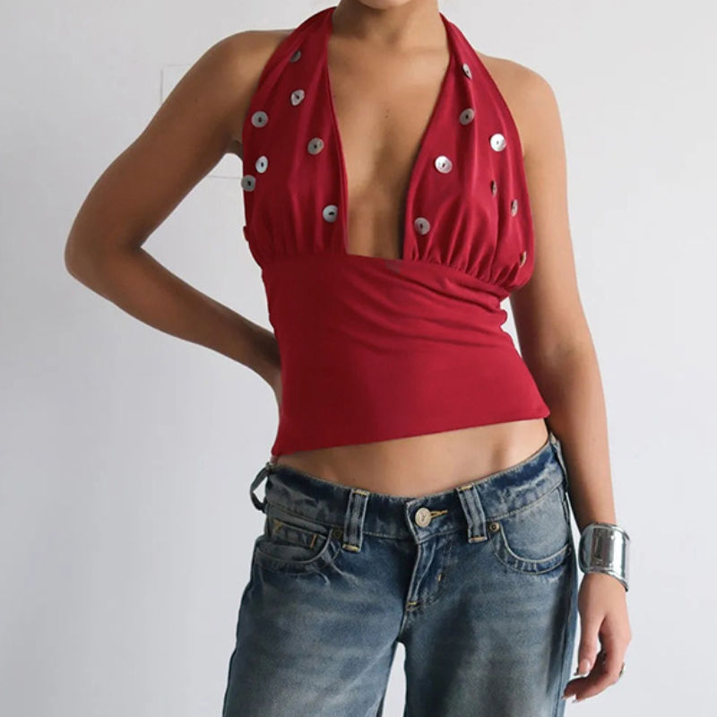 Self tie halter button applique backless top  | Festival Outfits Women