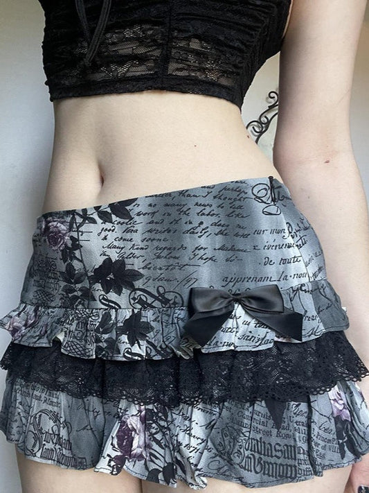 Dark Gothic Lace Bow Low-Rise Mini Skirt