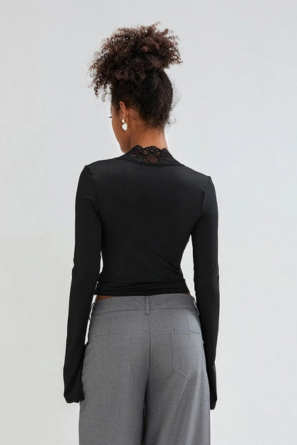 Slim Deep V Bell Sleeve Lace Trim Knit Top