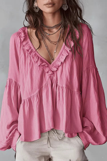 Solid Color V-neck Ruffled Puff Sleeve Loose Casual Top