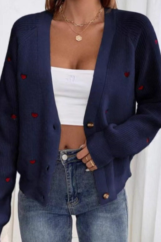 Heart Embroidery V Neck Cardigan