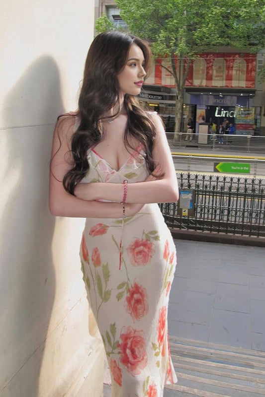 V-Neck Printed Backless Slip Floral Dress