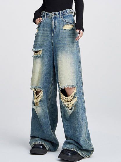 Loose high-waisted versatile straight leg Ripped Jeans