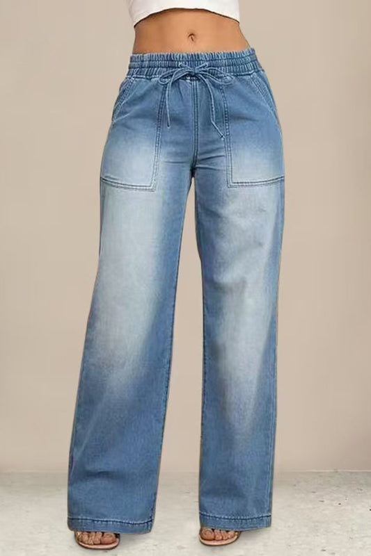 Stylish Elastic Waist Drawstring Pocket Casual Straight Wide-leg Jeans