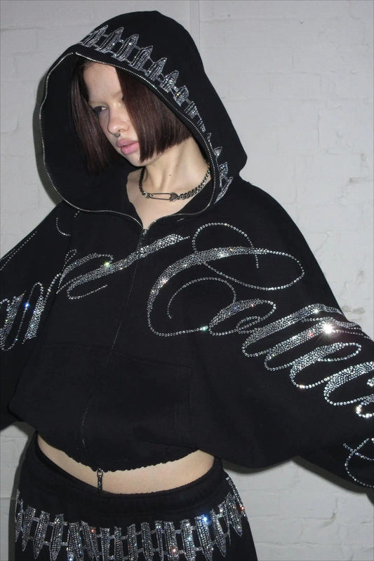 Hip Hop Letters Rhinestone Zipper Hoodie