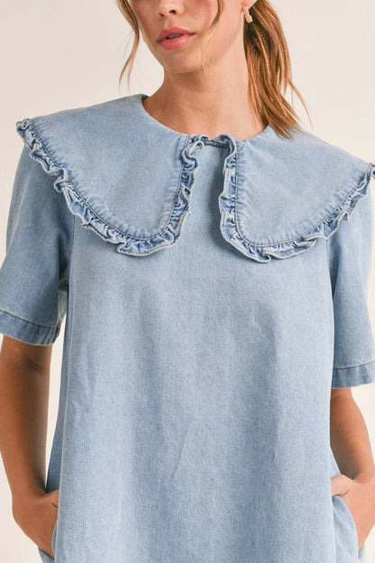 Solid Color Loose Short-sleeved Casual Ruffled Denim Mini Dress