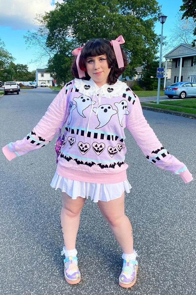 Yangelo Pink Kawaii Gothic Ghost Bat Grunge Knit Sweater