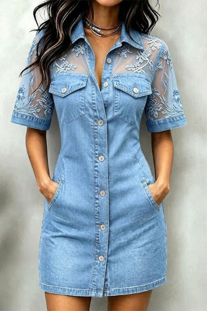 Embroidered Lace Mesh Panel Denim Mini Dress