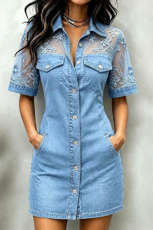 Embroidered Lace Mesh Panel Denim Mini Dress