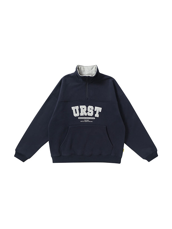 Letter Embroidery Lapel Neck Half Zipper Sweatshirt