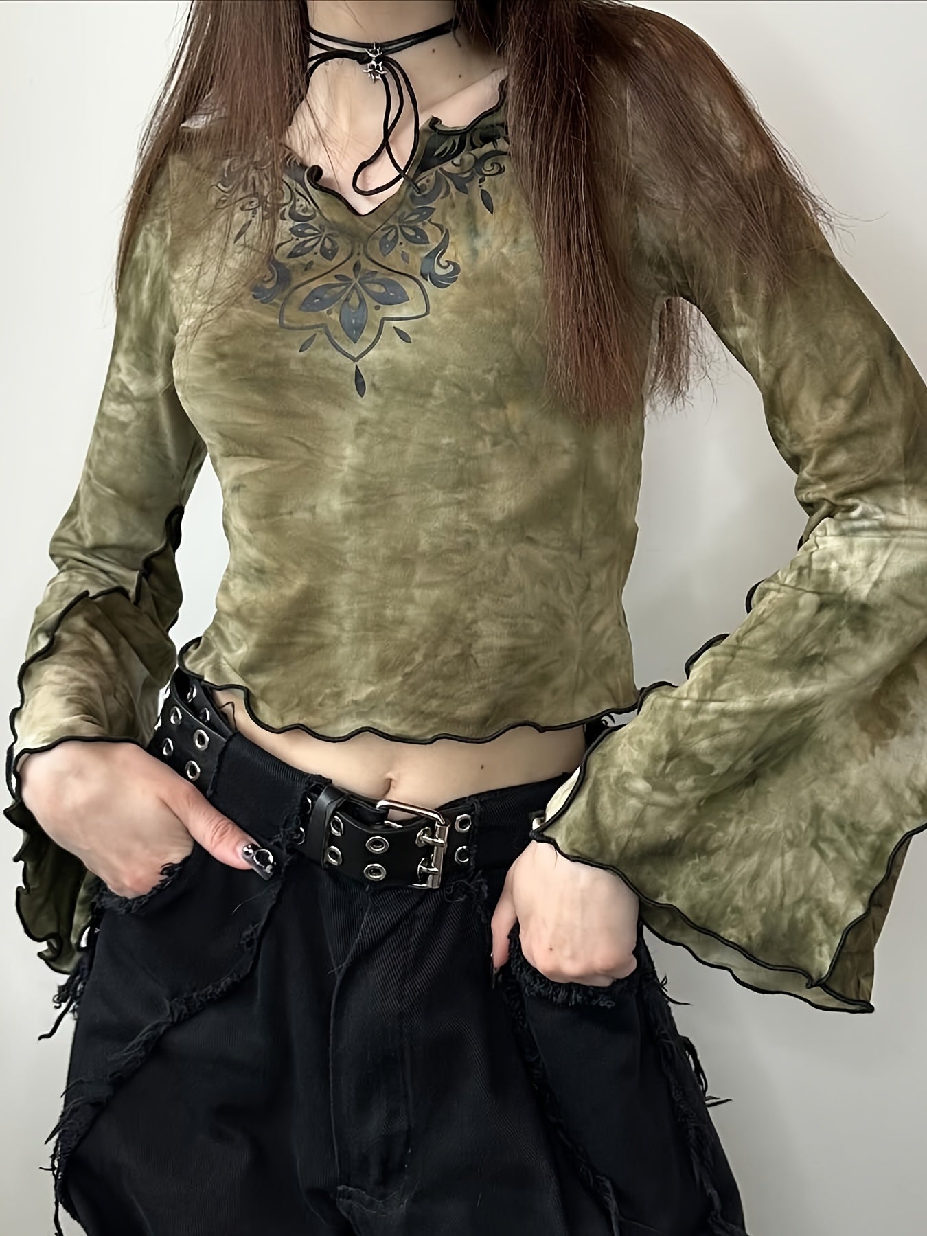 Tie Dye Flare Sleeve T-shirt, Y2K Notched Neck Lettuce Trim Long Sleeve Top For & Fall, Clothing