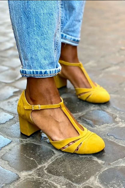 Color-blocked Faux Suede Chunky Heel Sandals