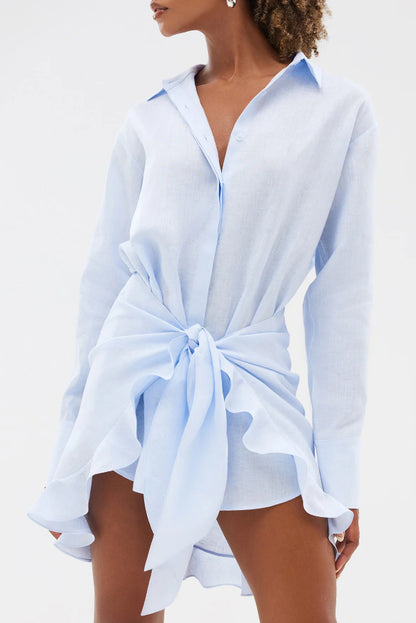 Solid Color Collared Long-sleeved Casual Shirt Style Lace Up Vacation Mini Dress