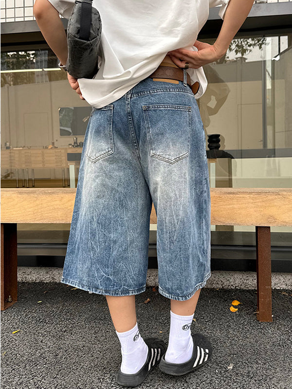 Vintage Washed Lightning Bolt Pattern Denim Shorts