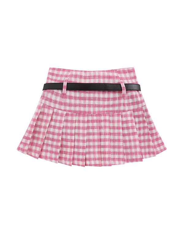 Plaid Pleated With Star Belt Mini Skirts