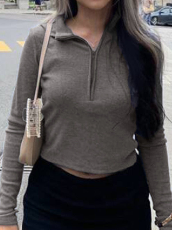 Solid Color Ribbed Zip Up Crop Long Sleeve Knit