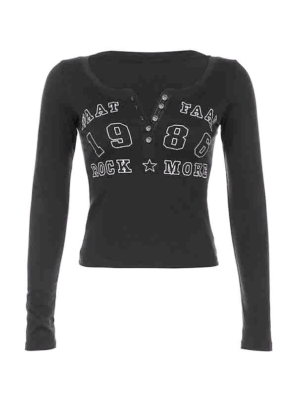 Number Letter Print Breasted Slim Long Sleeve Tee