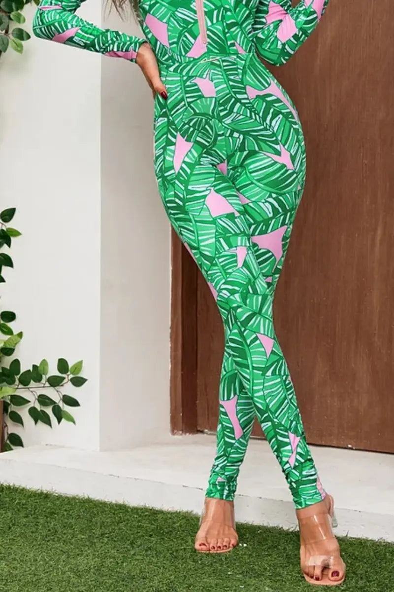 Traje de baño de surf estampado de manga larga con cremallera verde