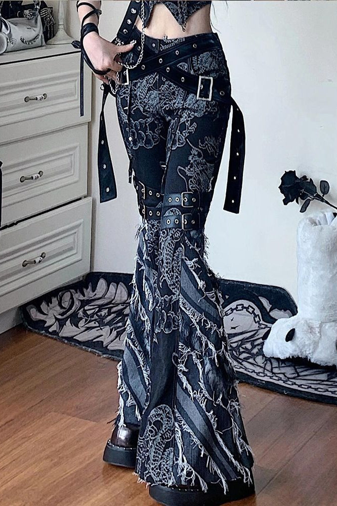 Retro Dragon Patchwork Flared Floor-Length Denim Pants