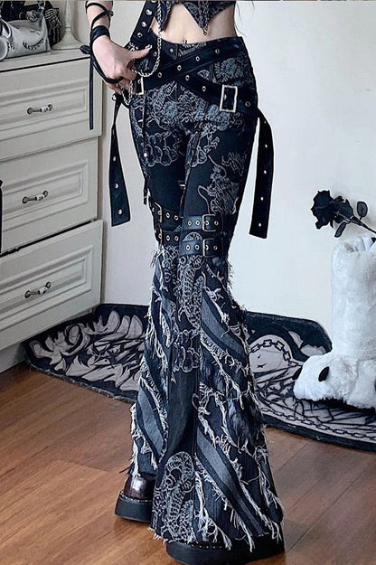 Retro Dragon Patchwork Flared Floor-Length Denim Pants