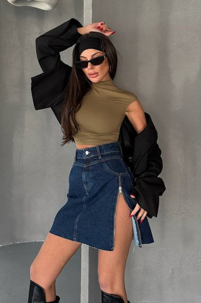 Asymmetrical Denim Flowy Mini Skirt