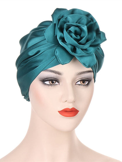 Big Flower Muslim Women Turban Satin Head Wrap Hijab Sleep Night Hat Hair Care Cap Indian Elastic Beanie Ladies Hair Loss Headwear for Women