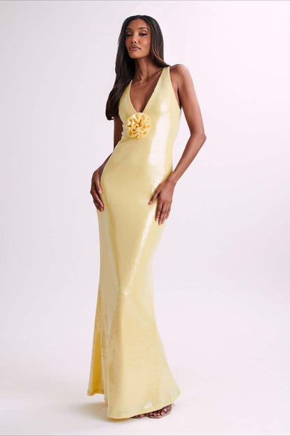 Backless Floral Sequin Maxi Dress