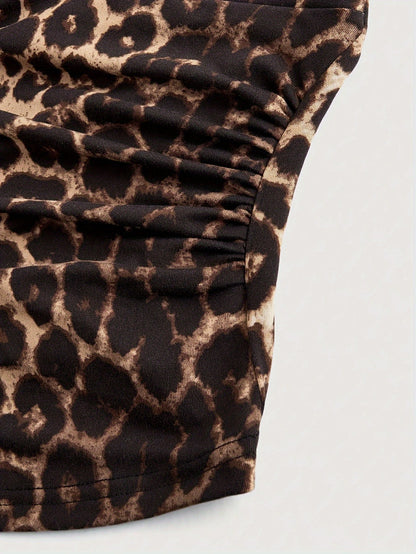 Stretchy Polyester Blend Leopard Print Halter Top - Y2K Grunge Punk Casual Ruched Detail for - Machine Washable