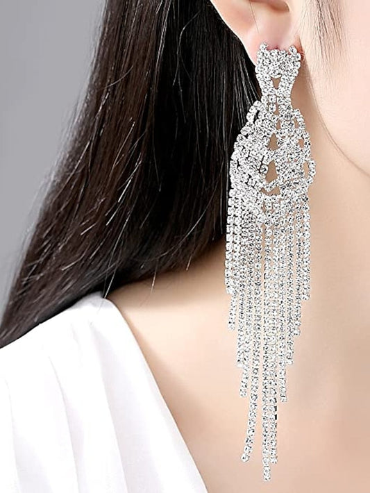 1 Pair Mecresh Silver Rhinestone Crystal Bridal Chandelier Long Tassels Dangle Leaf Earrings for Wedding Party Evening Date for Women