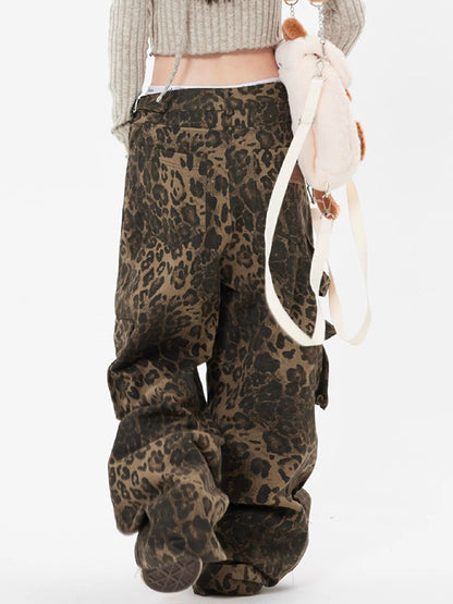 Leopard Print Pocket Overalls Cargo Jeans