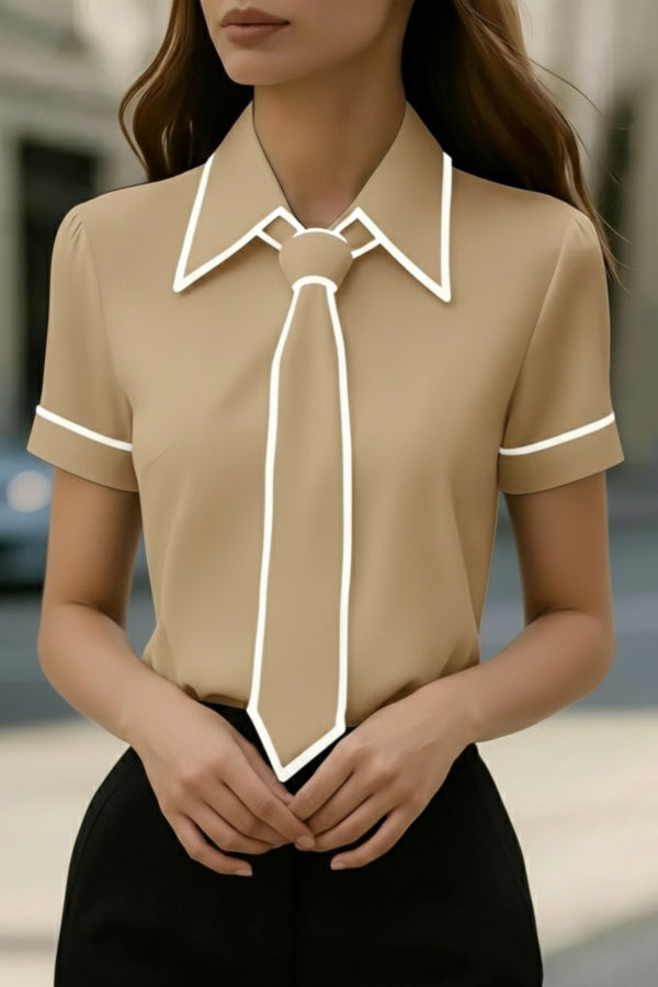 Stylish Color-blocked Trim Collared Short-sleeved Casual Shirt
