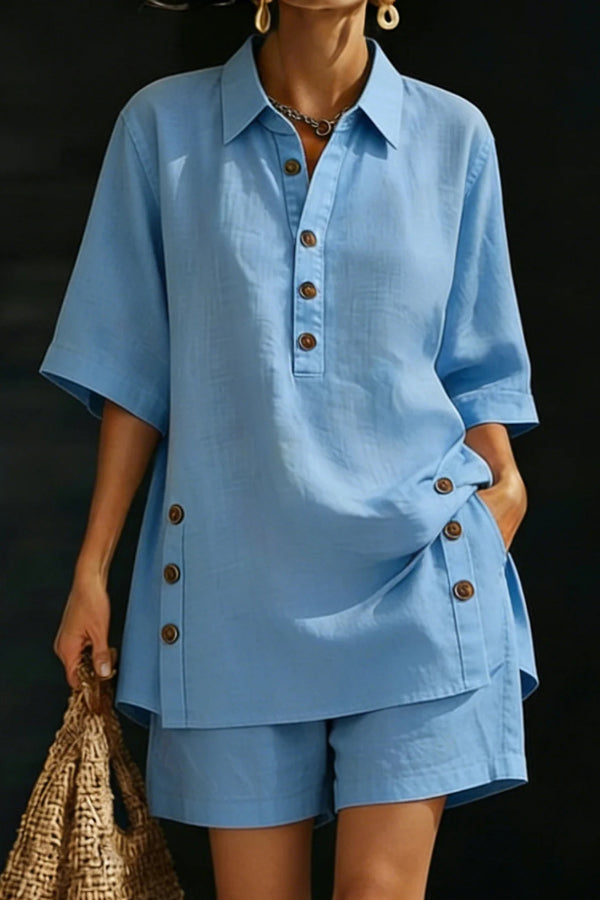 Solid Color Collared Short-sleeved Button-down Loose Top and Elastic Waist Pocket Shorts Set