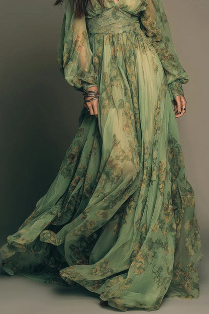 Botanical Print V-neck Long-sleeved Fitted Waist Casual Maxi Dress