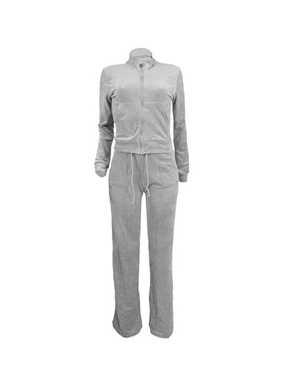 Solid Collar Neck Jacket & Lace Up Pants Set