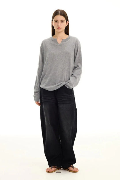 Tencel Wool V Neck Long Sleeve Top
