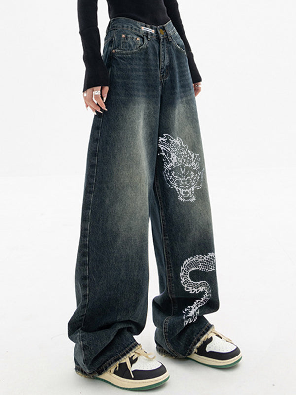 Vintage Dragon Print Boyfriend Jeans